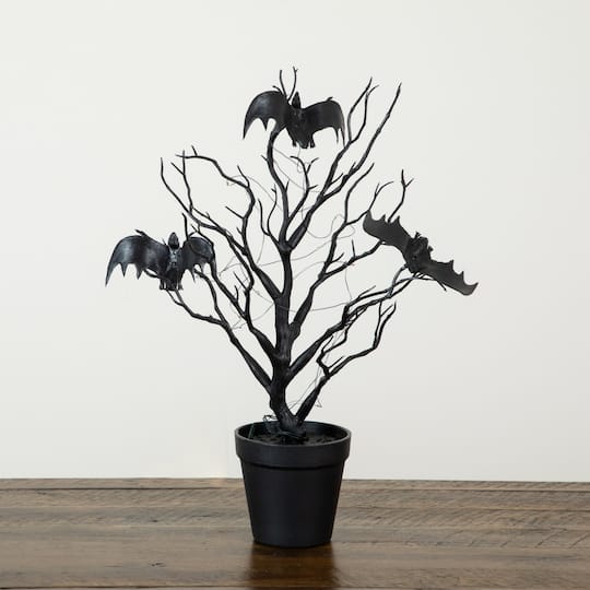 16" Pre-Lit Artificial Halloween Black Spooky Twig Tree with Bats and 20 Orange & Purple LED Lights